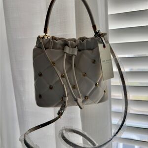 Ted Baker Cream Quilted Drawstring Mini Bucket Bag with Gold Studs